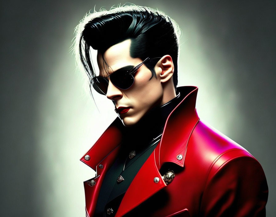 Person with Dark Hair in Sunglasses and Red Jacket - Stylized Image