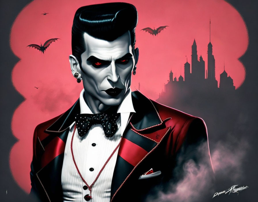 Slicked-back hair vampire in red and black suit with bats and cityscape.