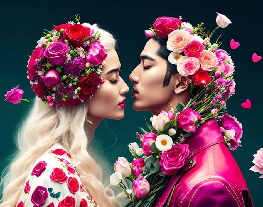 Romantic Couple with Floral Crowns and Pink Hearts on Teal Background