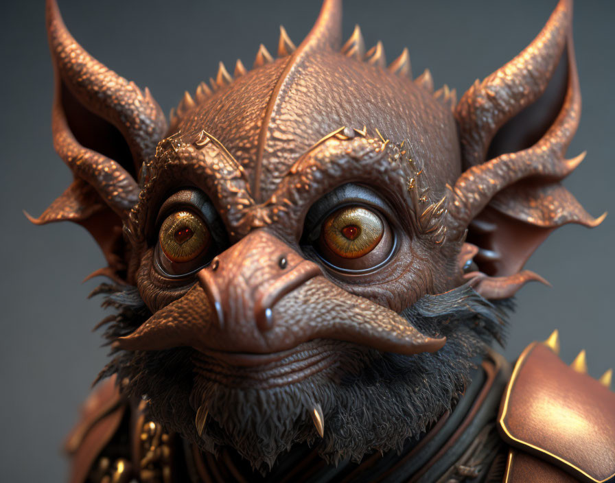 Fantasy creature with horns, expressive eyes, textured skin, and armor