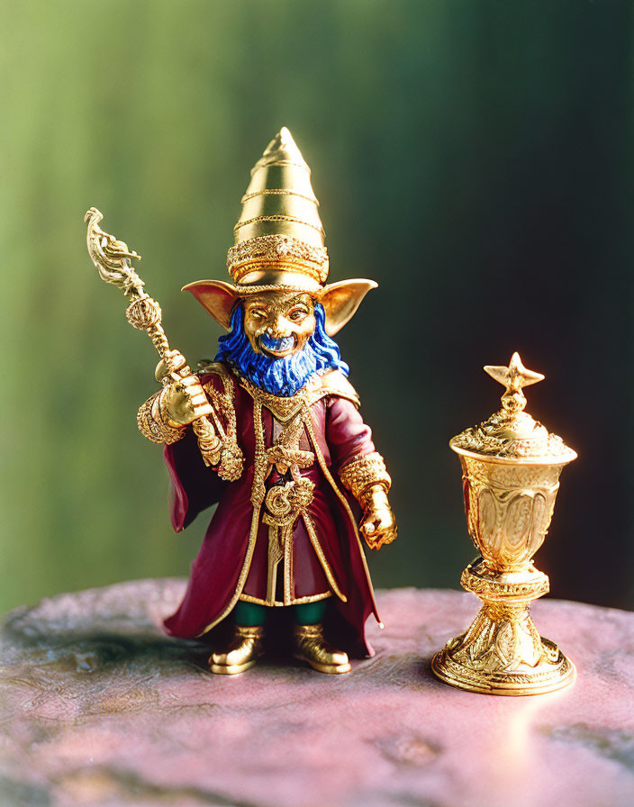 Fantasy Gnome King Figurine in Regal Attire on Rustic Surface