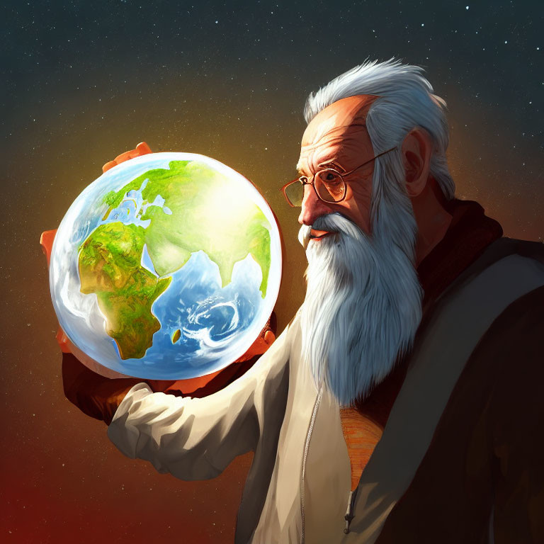 Bearded Elderly Man Holding Glowing Earth Globe Against Starry Sky