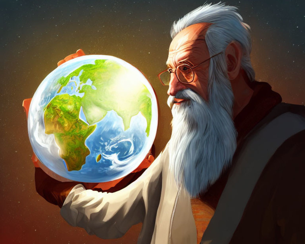 Bearded Elderly Man Holding Glowing Earth Globe Against Starry Sky