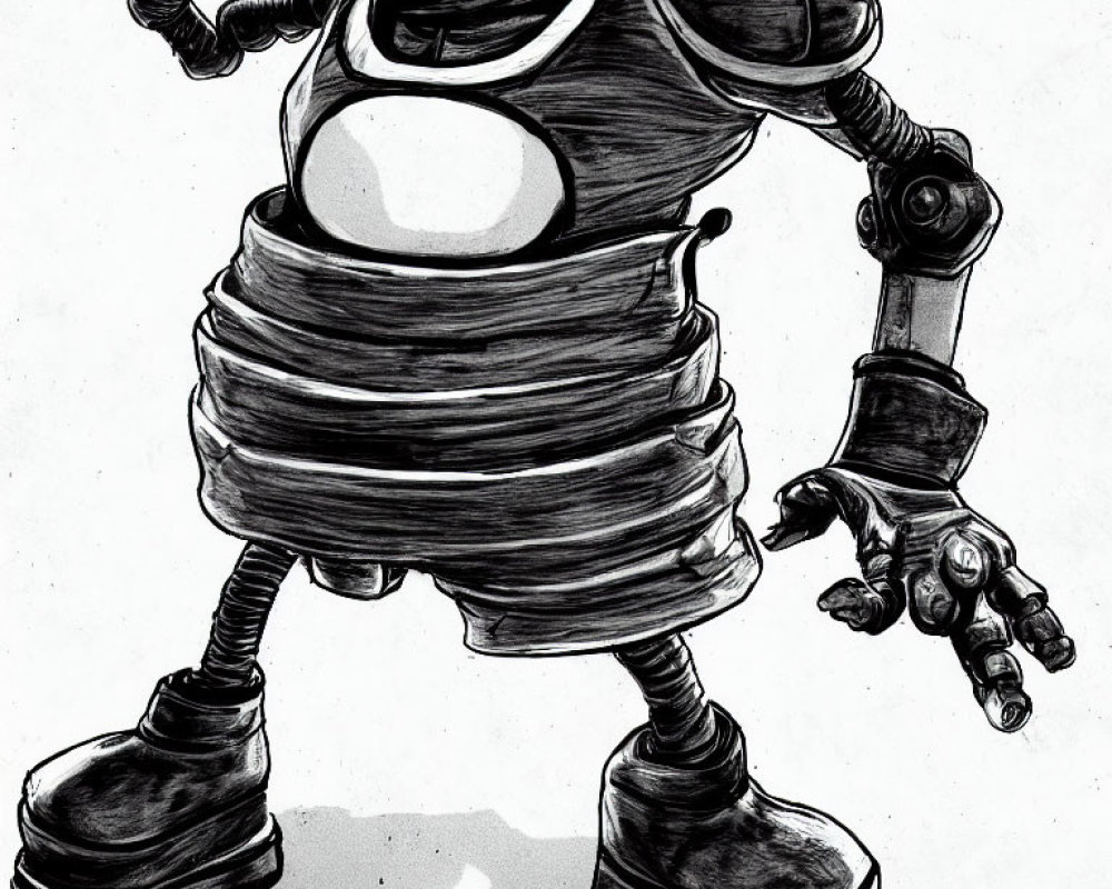 Monochrome sketch of stylized robot with spring torso, large boots, and claw hand.