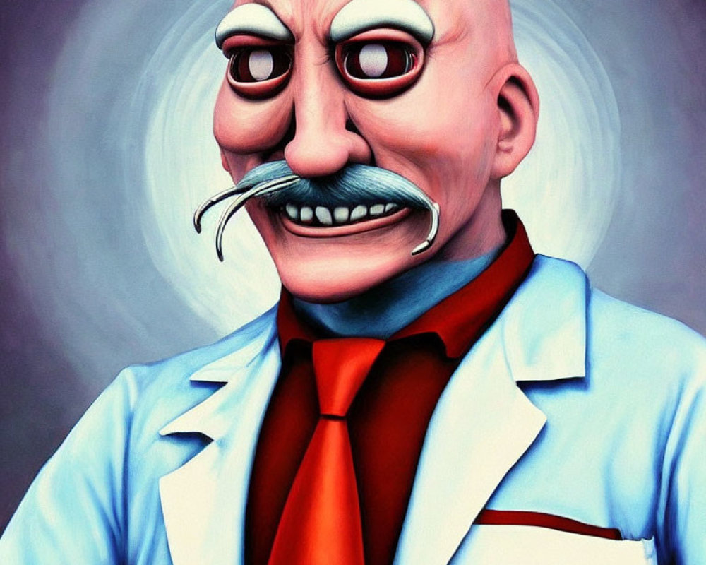 Exaggerated man caricature in lab coat with red tie