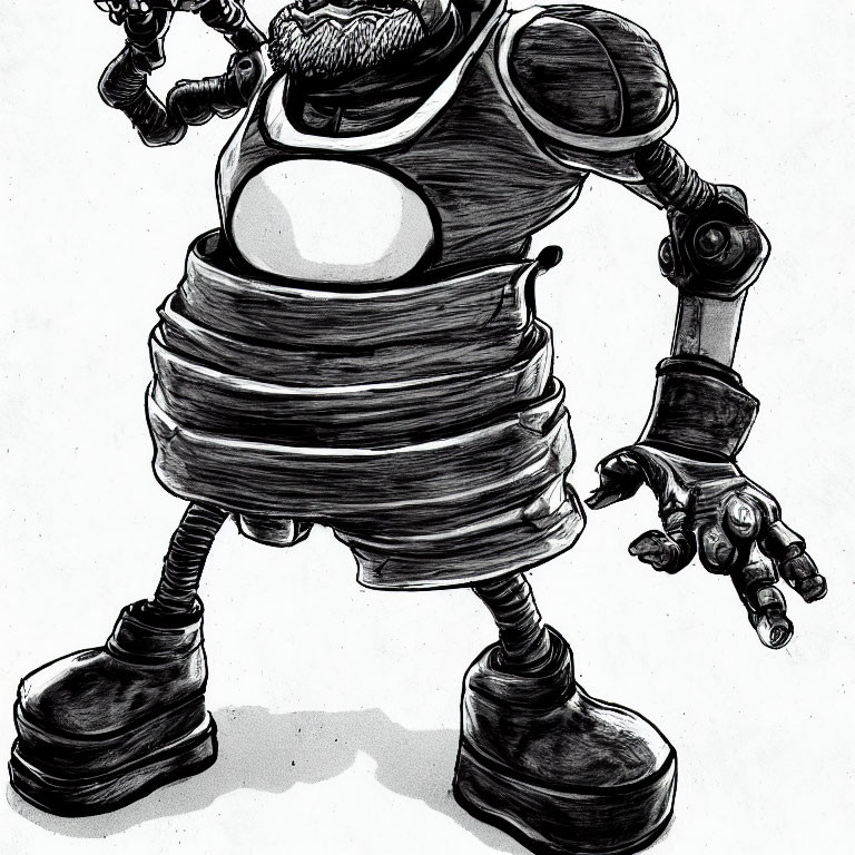 Monochrome sketch of stylized robot with spring torso, large boots, and claw hand.