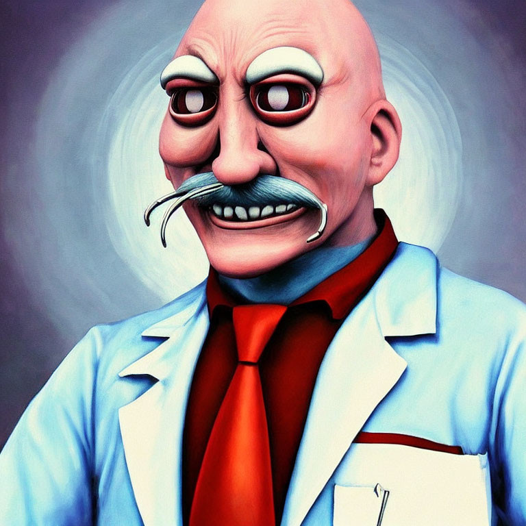 Exaggerated man caricature in lab coat with red tie