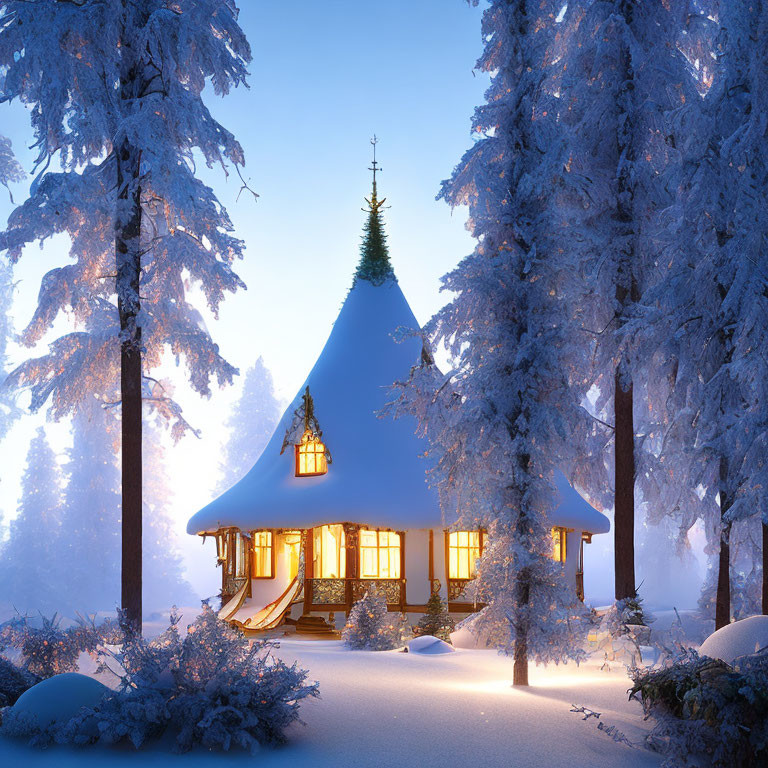 Snow-covered cottage in serene winter forest at dusk