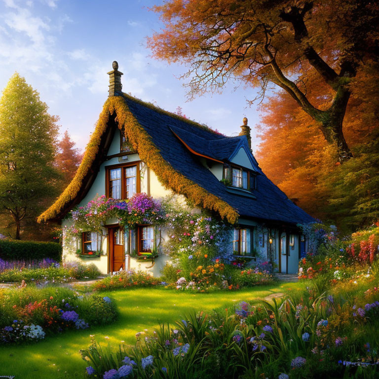 Charming blue cottage with thatched roof in vibrant garden