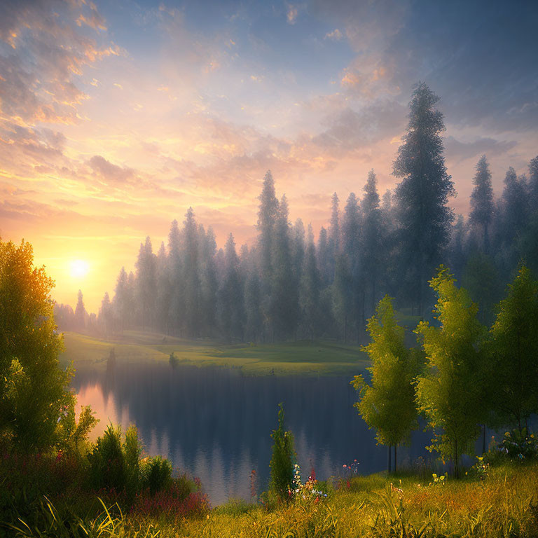 Tranquil sunset over forested lake with reflections and vibrant sky