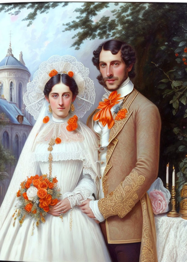 Victorian-era painting of couple in wedding attire, woman in white dress with lace veil, man in