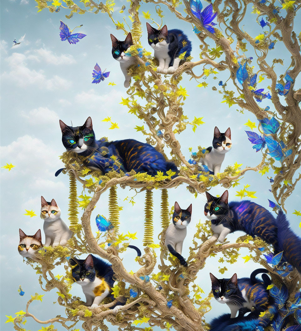 Surreal image of cats with butterfly wings on golden tree under cloudy sky