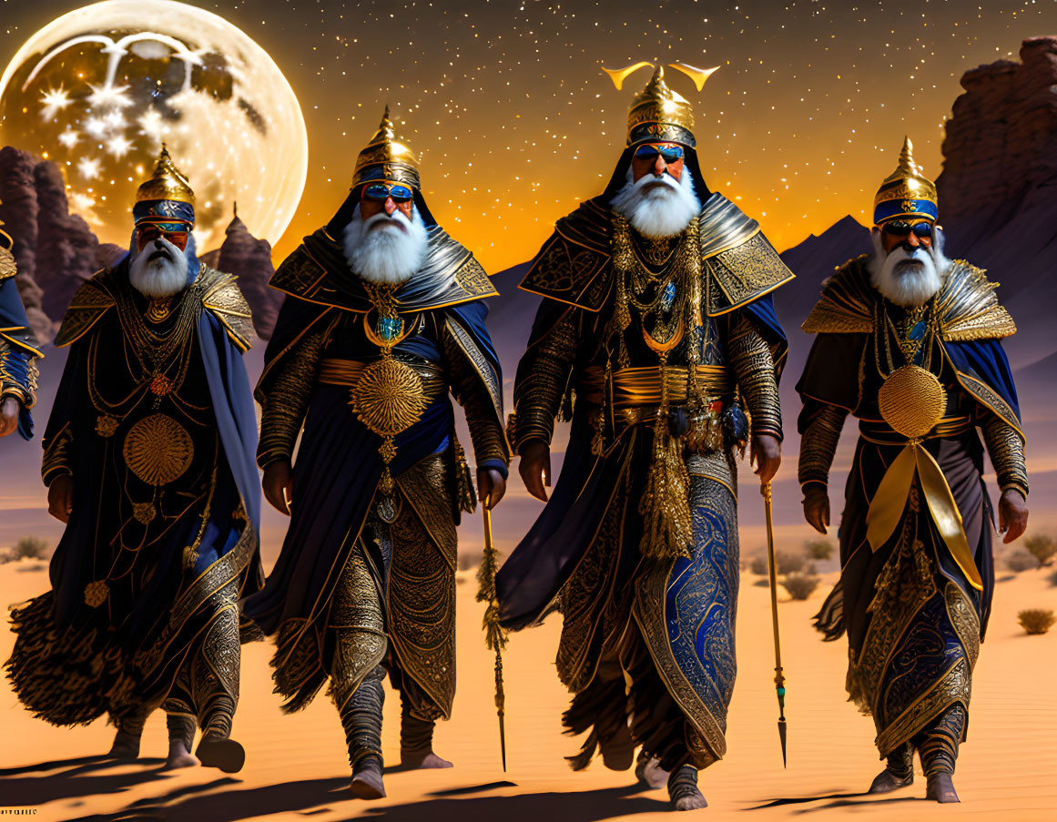 Three wise men in ornate attire under full moon in desert - symbolic Magi