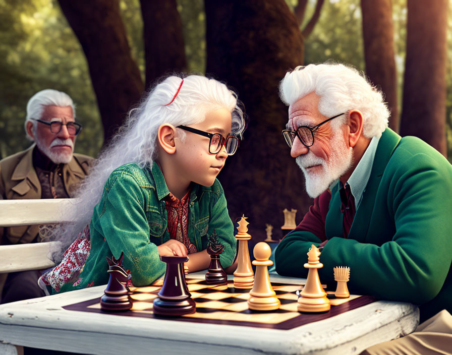 Young girl and elderly man playing chess with observer at park bench