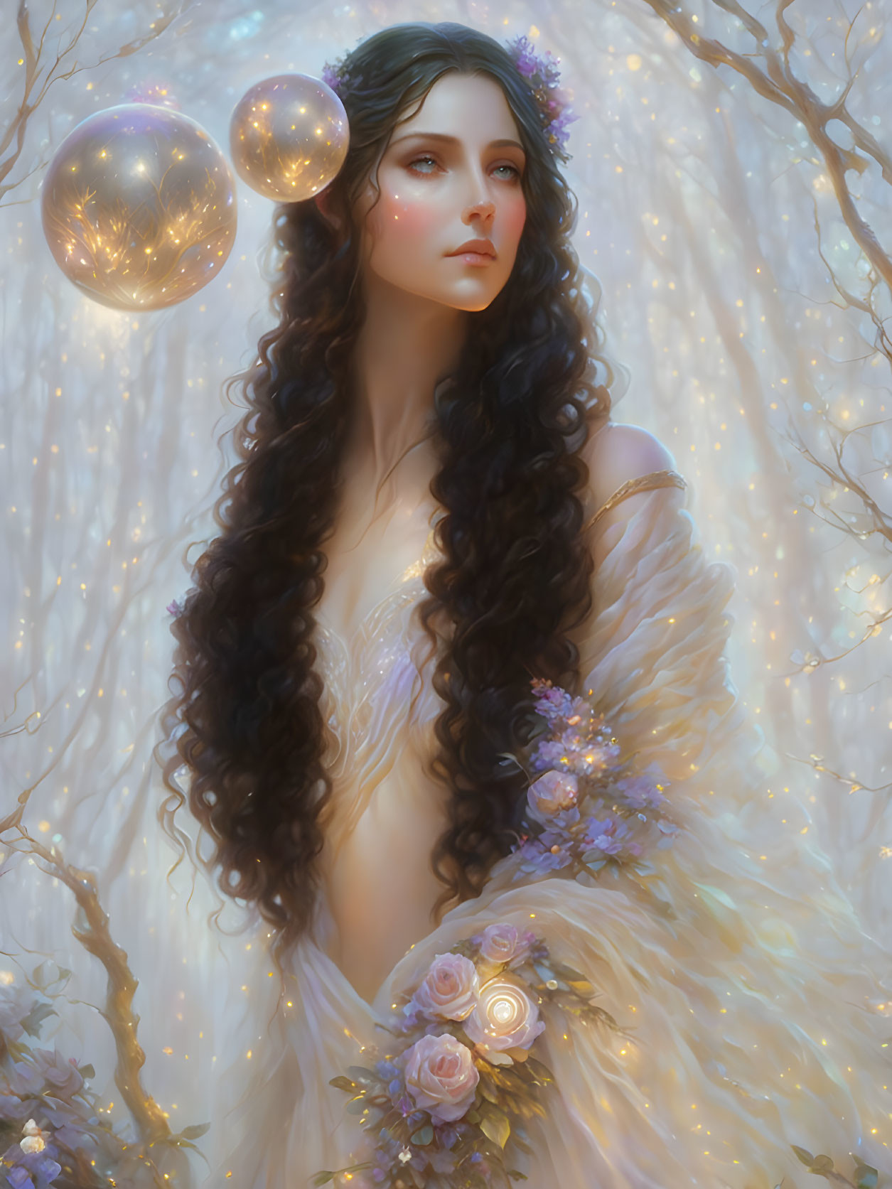 Ethereal woman portrait with glowing trees and orbs