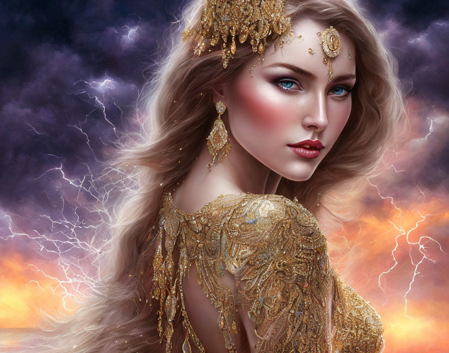 Woman in Golden Headpieces and Gown with Striking Blue Eyes under Dramatic Sky with Lightning