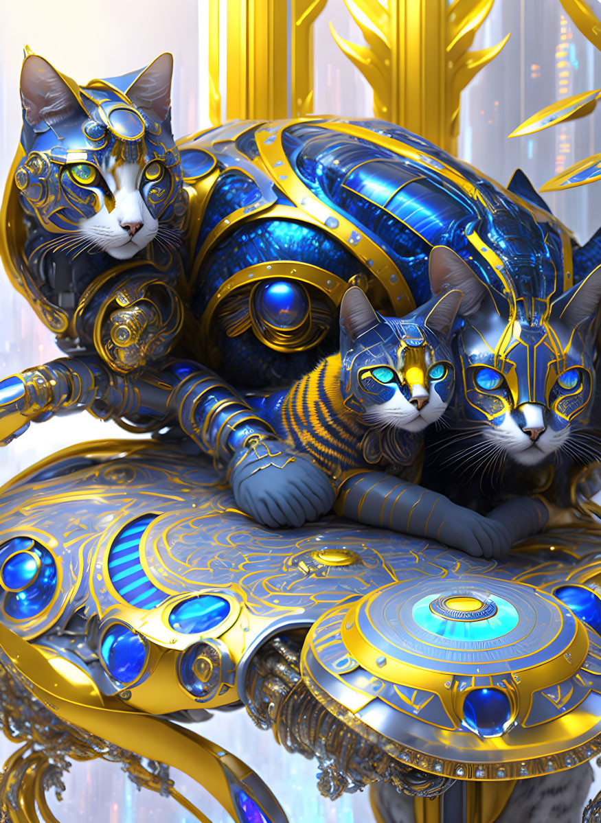 Futuristic robotic cats on gold and blue mechanical structure