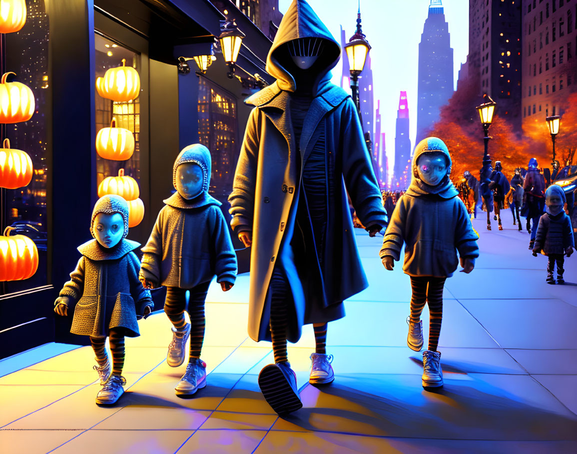 Four stylized animated characters in futuristic urban setting at dusk