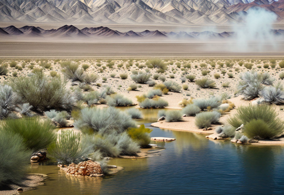 Tranquil desert oasis with lush shrubs and blue water in arid landscape