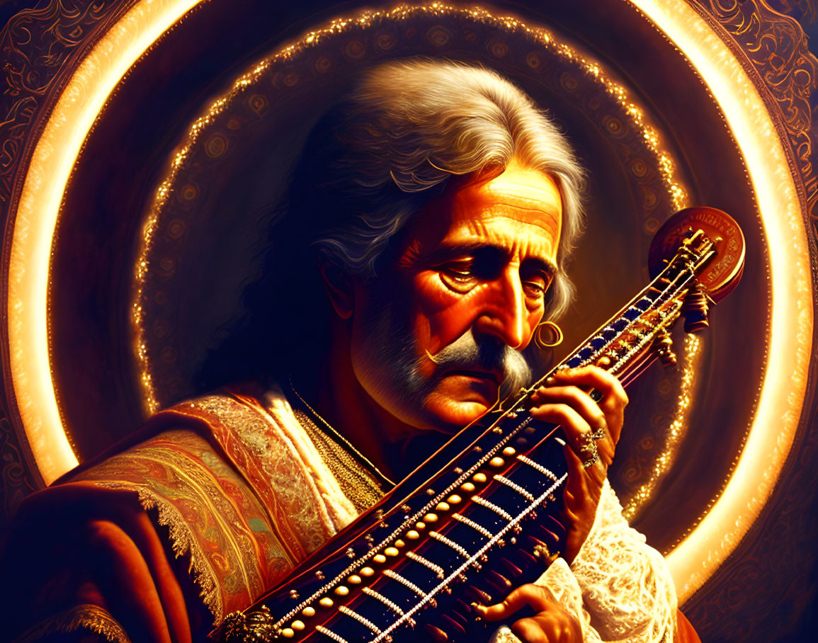 White-Haired Man Playing Sitar with Glowing Ornate Halo