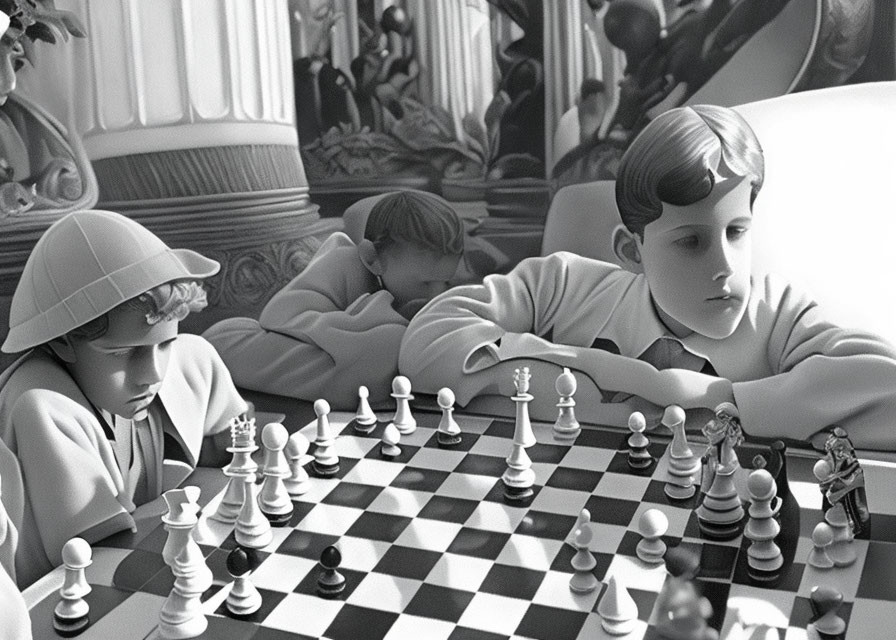 Three children engaged in a game of chess in a focused manner