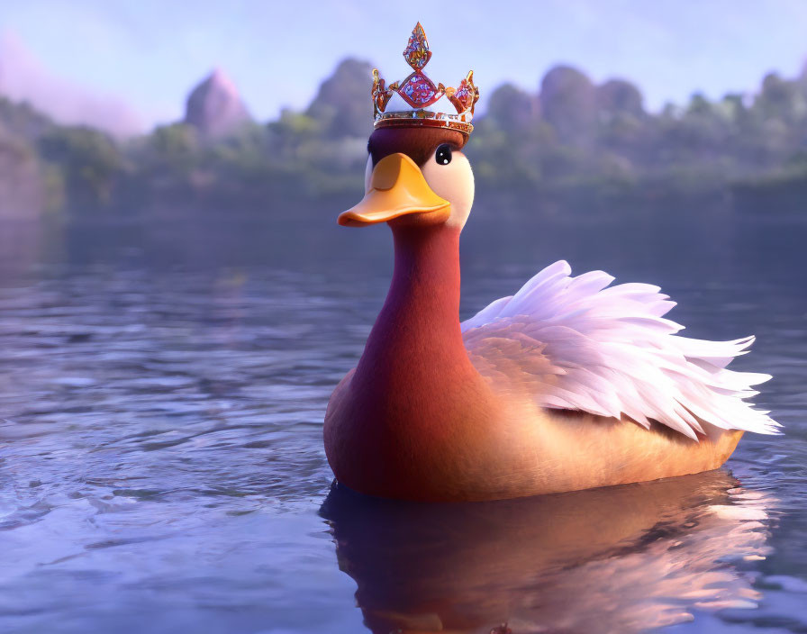 White Feathered Duck Wearing Crown in 3D Rendering