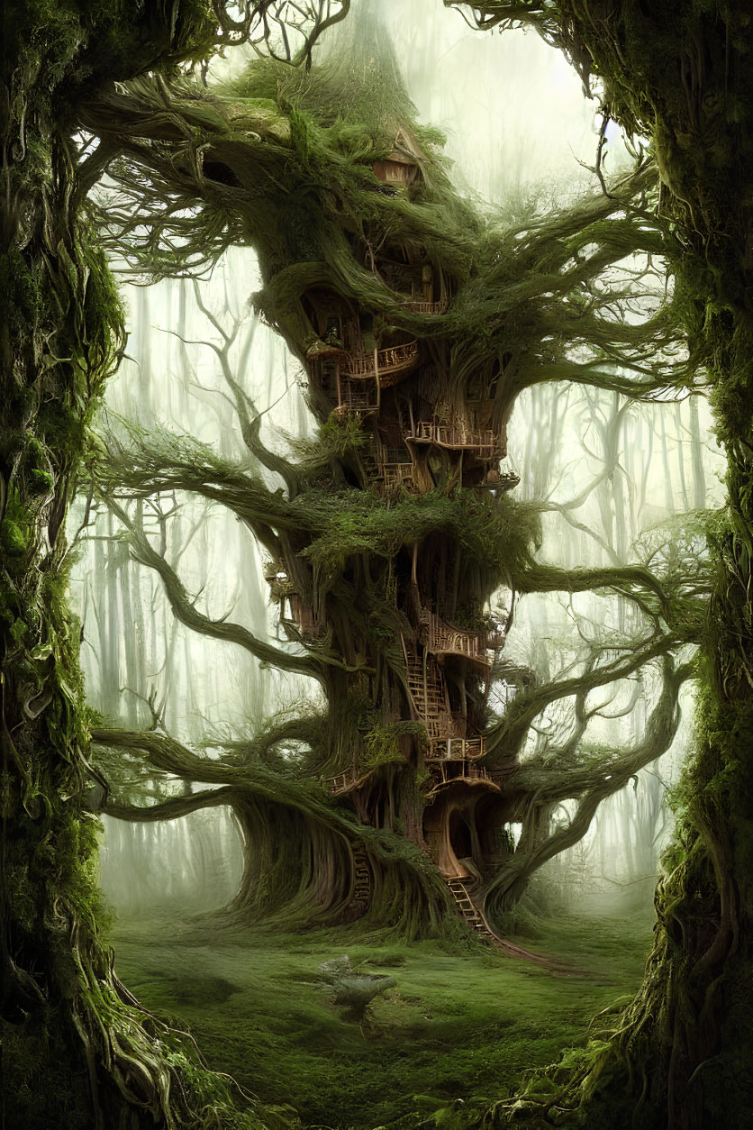 Misty forest treehouse nestled in gnarled tree trunks