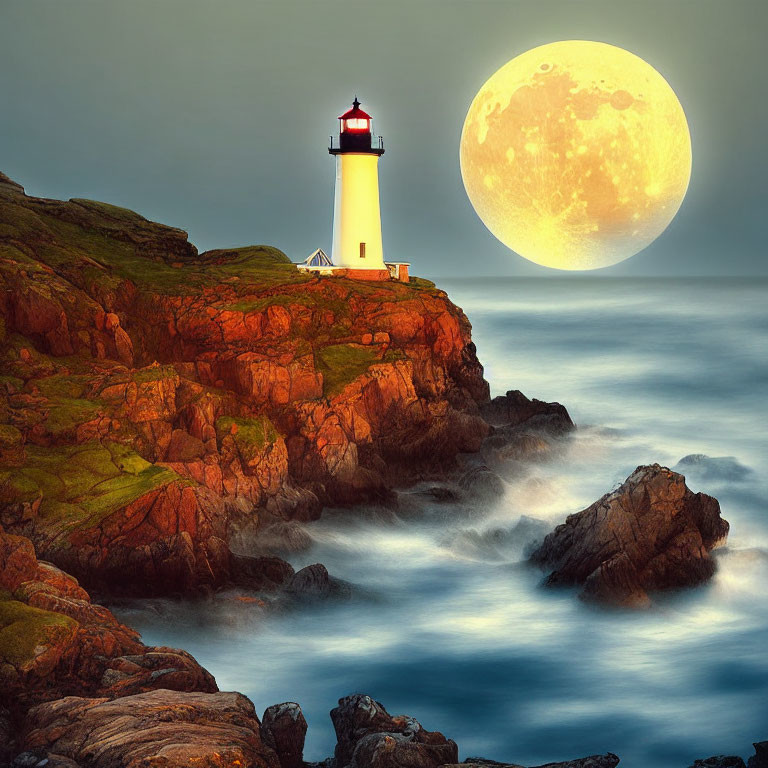 Lighthouse on rocky cliff with full moon, misty waves at twilight