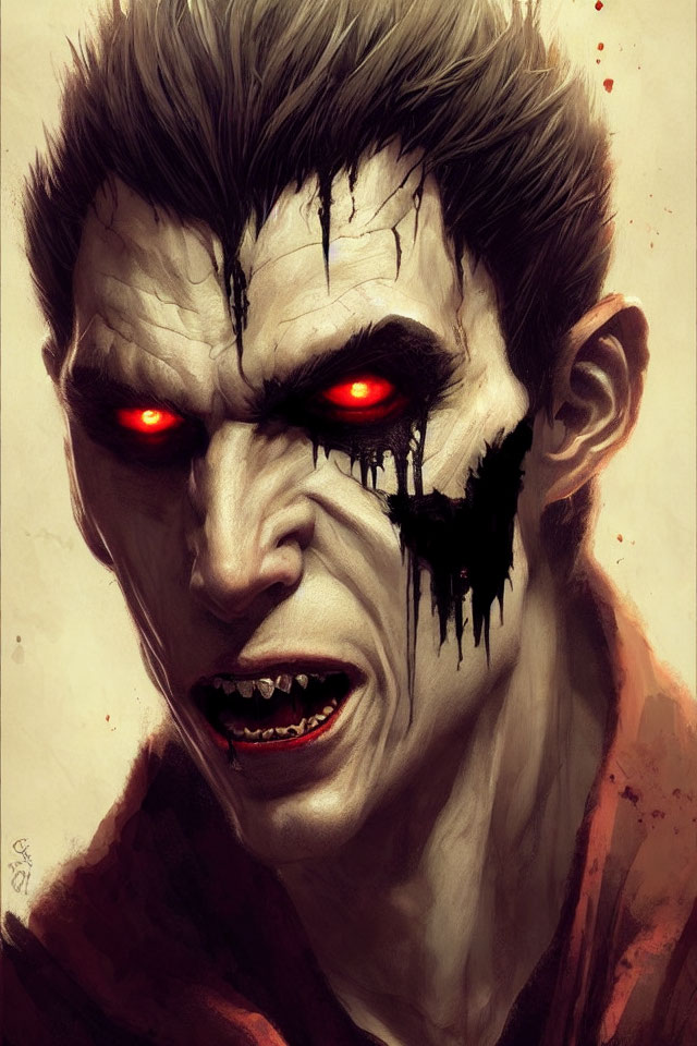 Sinister vampire with glowing red eyes and sharp fangs on dark background