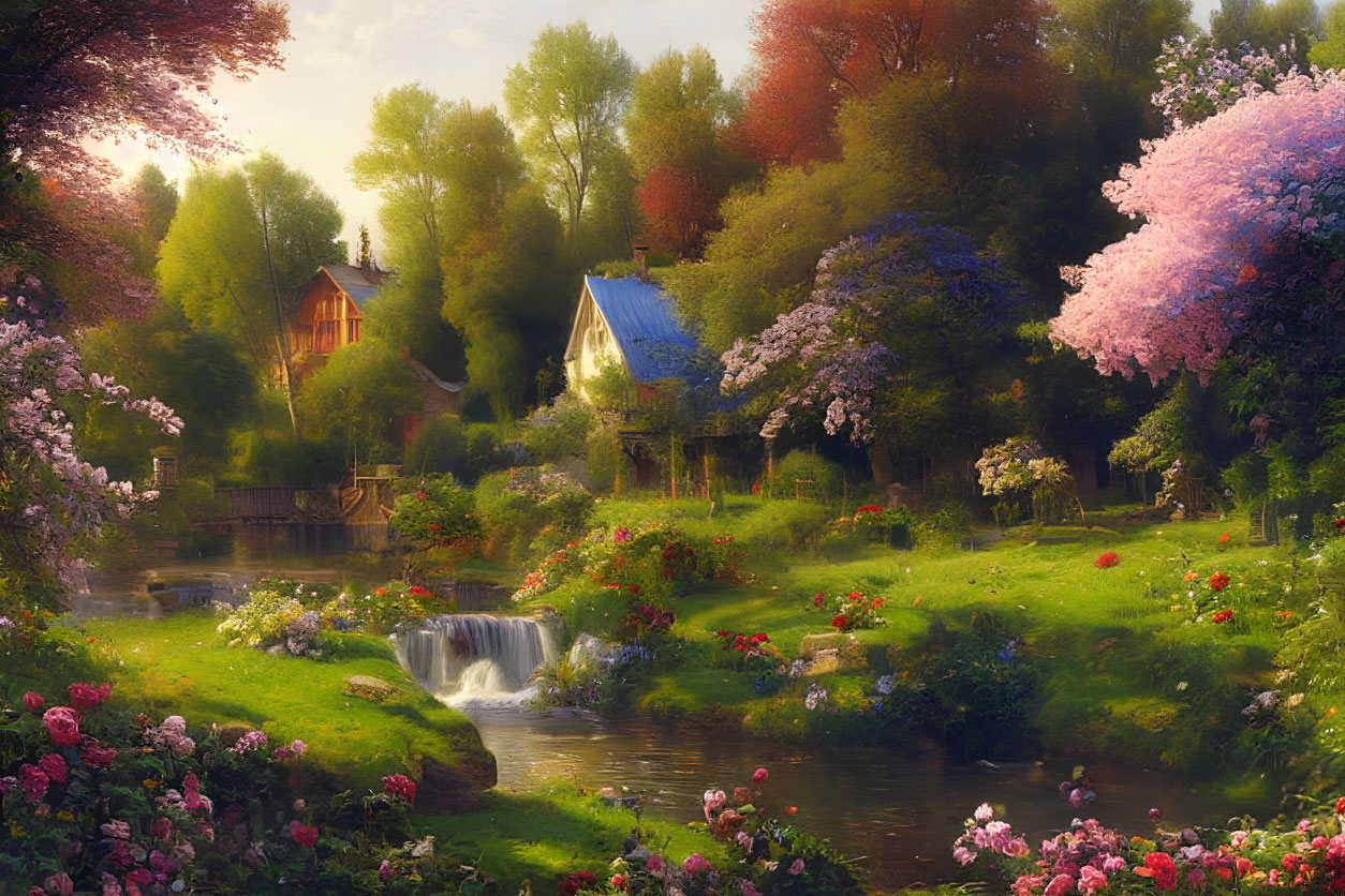 Tranquil spring landscape with gardens, blooming trees, waterfall, and cozy houses