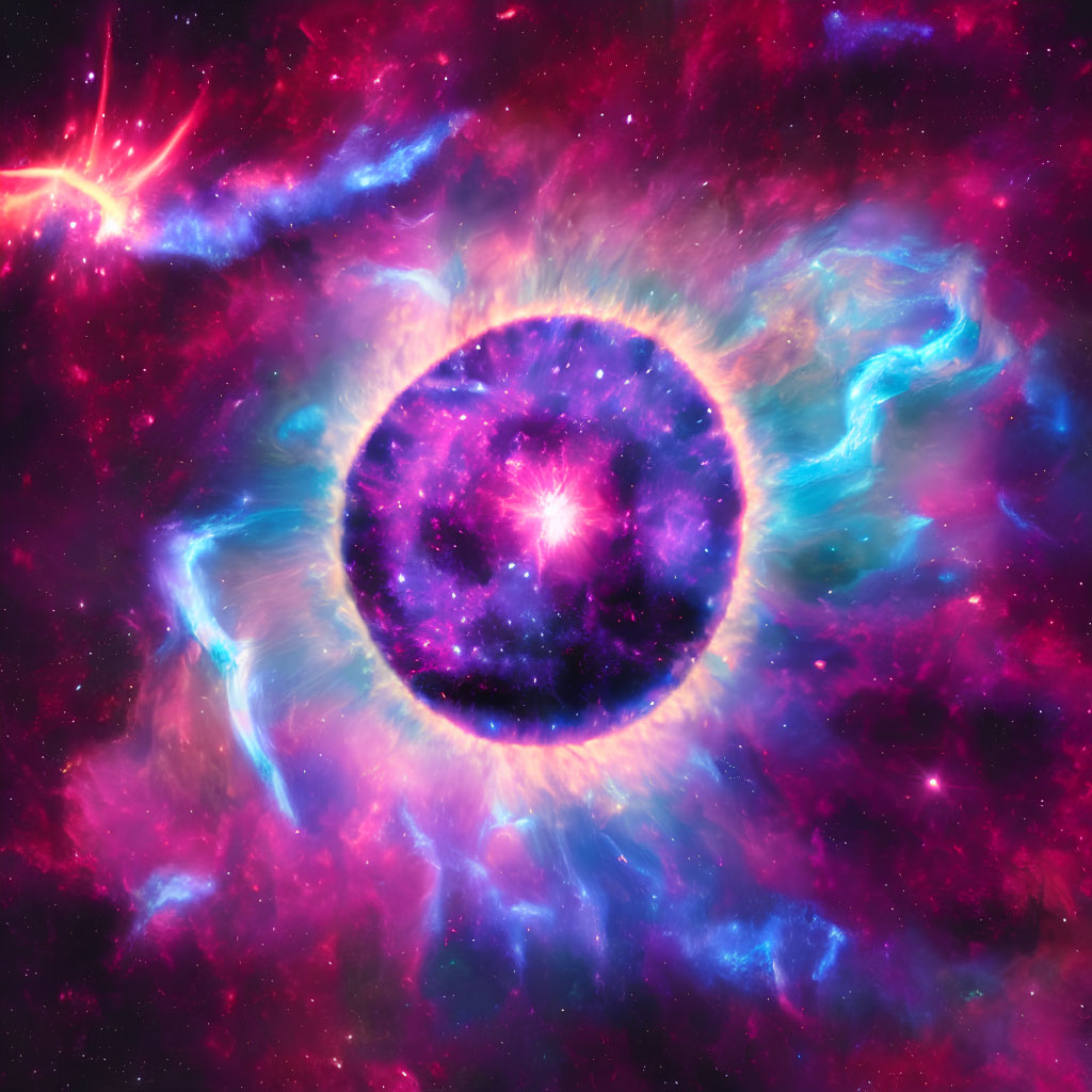 Colorful cosmic scene with glowing orb and interstellar clouds.