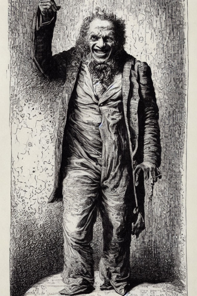 Monochrome illustration of a laughing man with top hat and cane against patterned wall