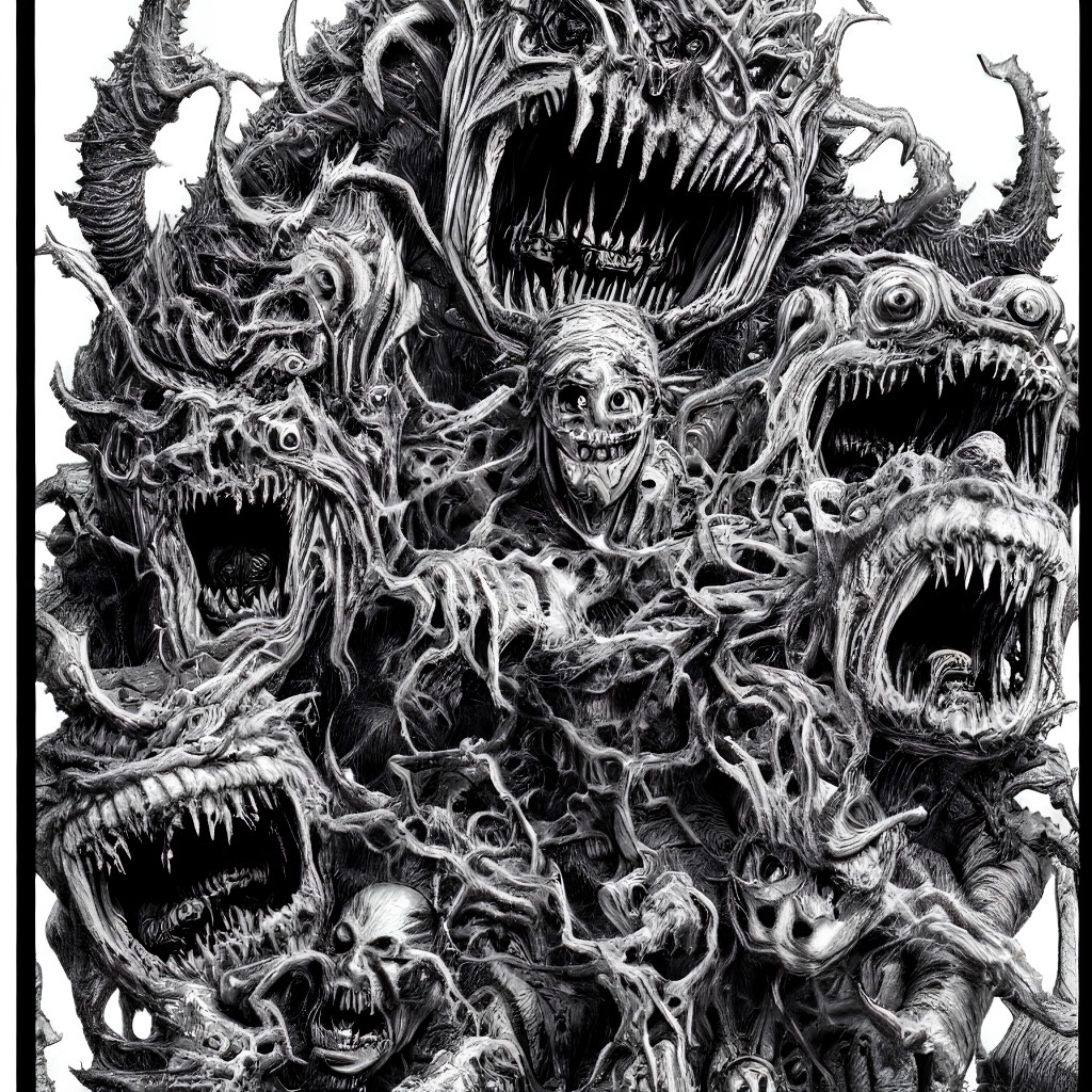 Detailed monochromatic drawing of ferocious creatures with multiple maws.