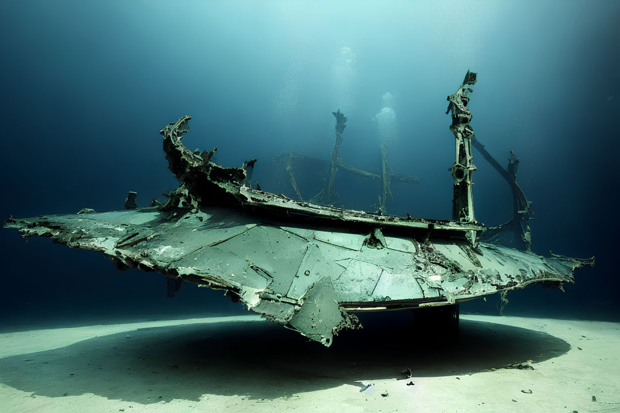 Eerie sunken shipwreck with visible deterioration and marine life