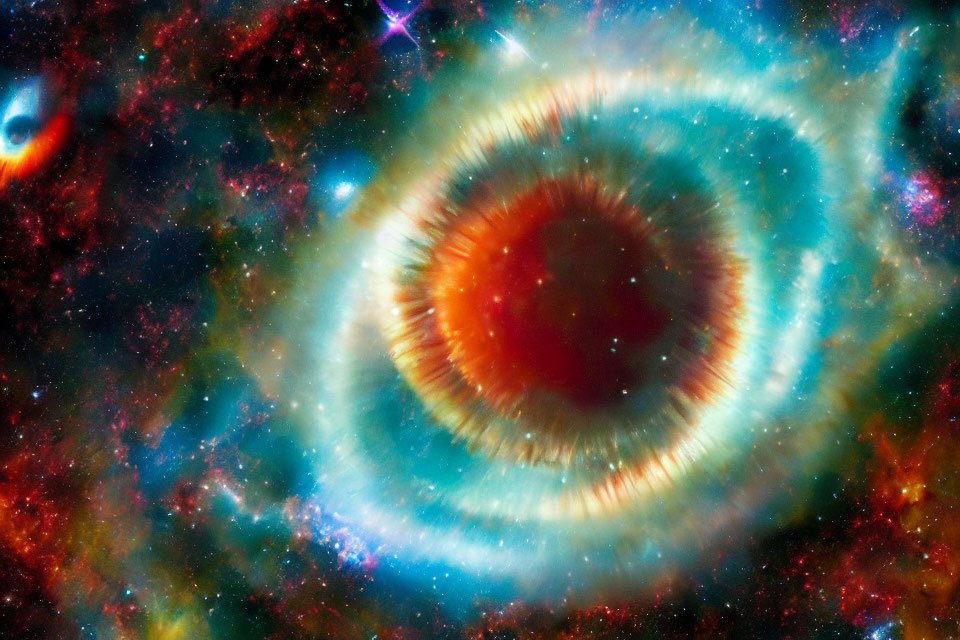 Vibrant astronomical image of nebulous ring structure in red and blue hues