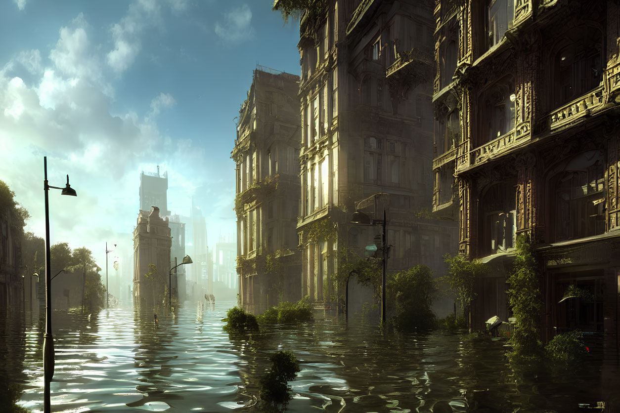 Sunlit post-flooding cityscape with classical architecture in calm waters