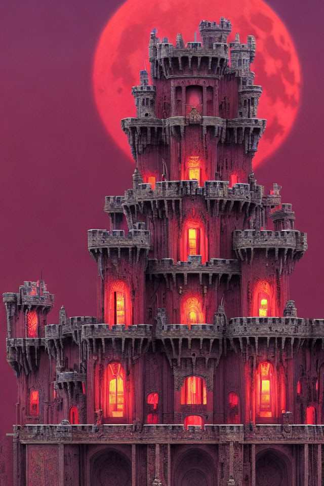 Gothic castle with red windows under full red moon