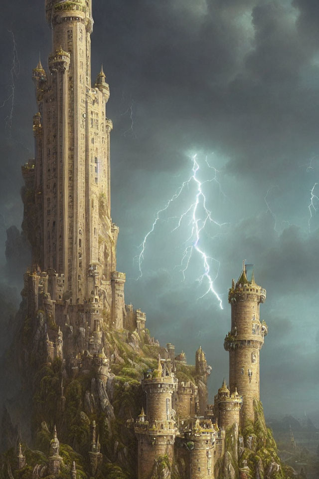 Majestic fantasy castle on craggy cliffs with stormy sky and lightning.