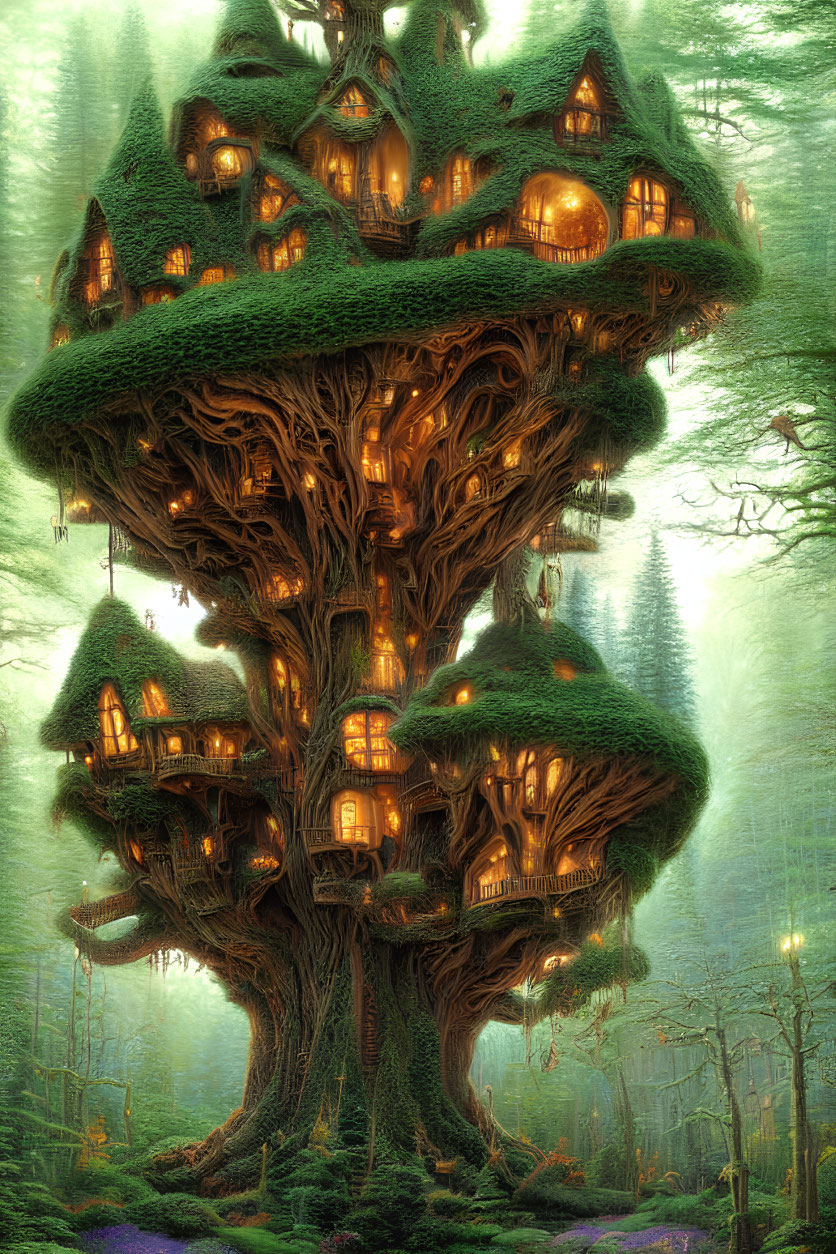 Enchanted treehouse with illuminated windows in mystical forest