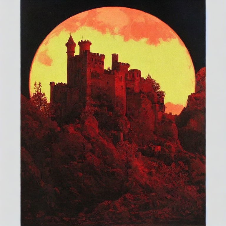 Silhouetted castle against large glowing moon