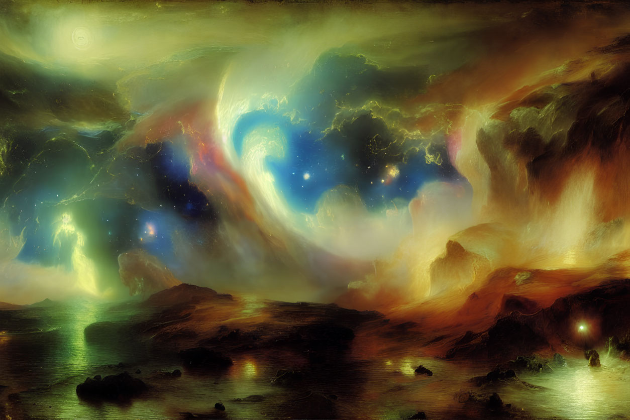 Fantastical cosmic landscape blending celestial and earthly features