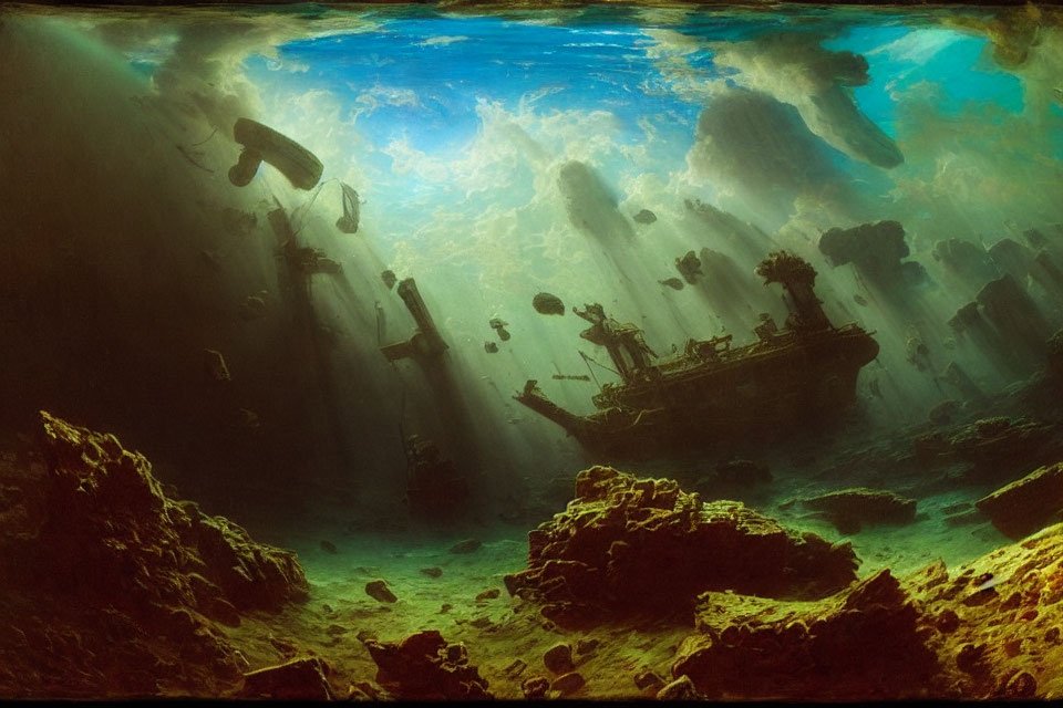 Underwater scene with fish, sunken shipwreck, rocky sea floor