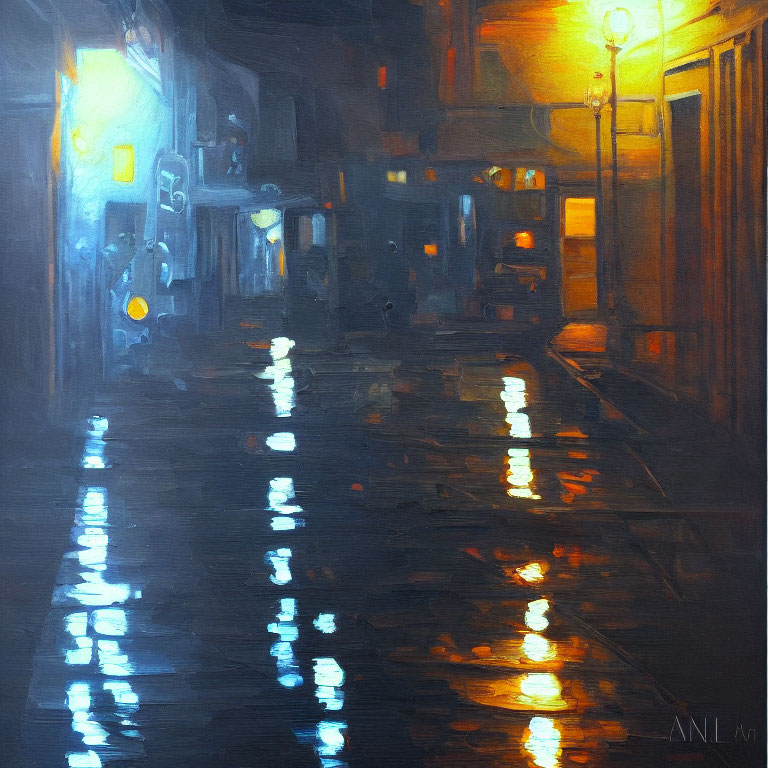 Nocturnal city street painting with warm light reflections on wet cobblestones