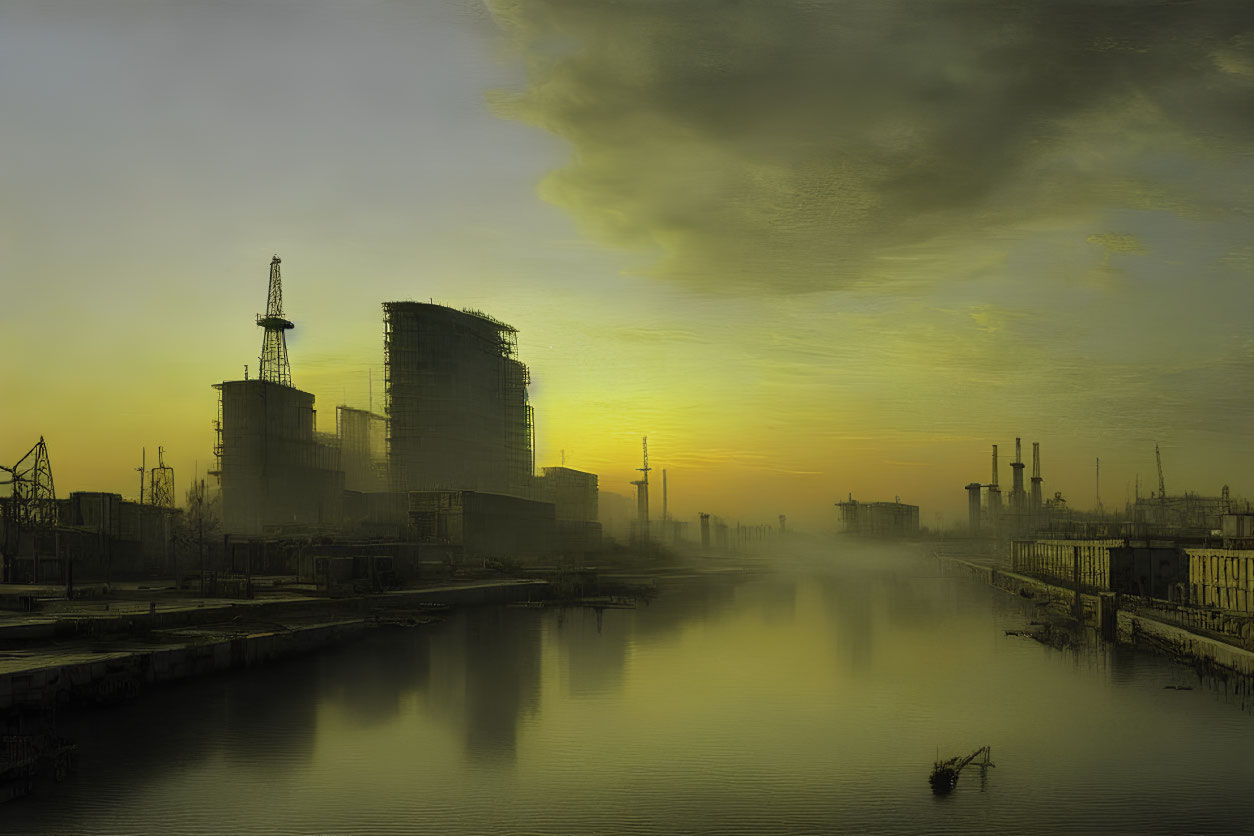 Urban skyline at sunset with tower silhouettes and reflections on water