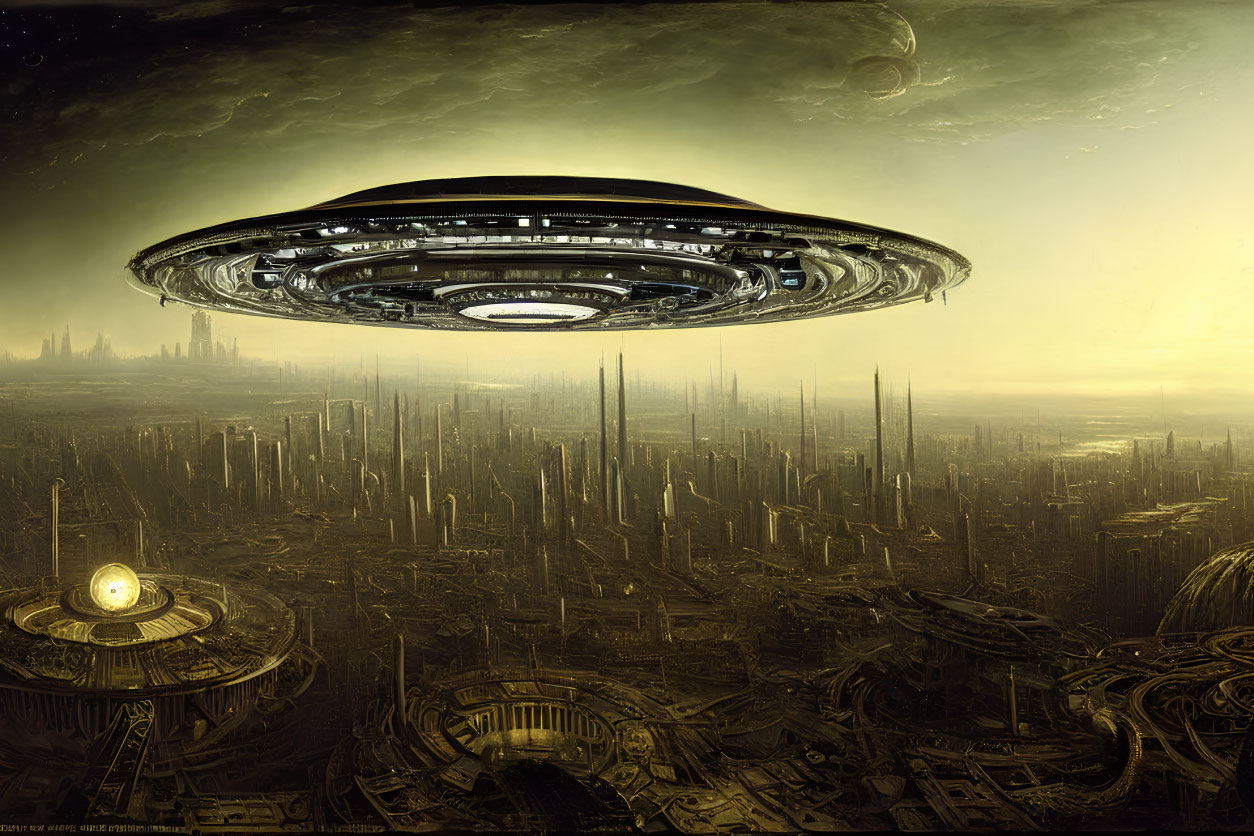 Detailed Futuristic Cityscape with Flying Saucer in Gloomy Sky