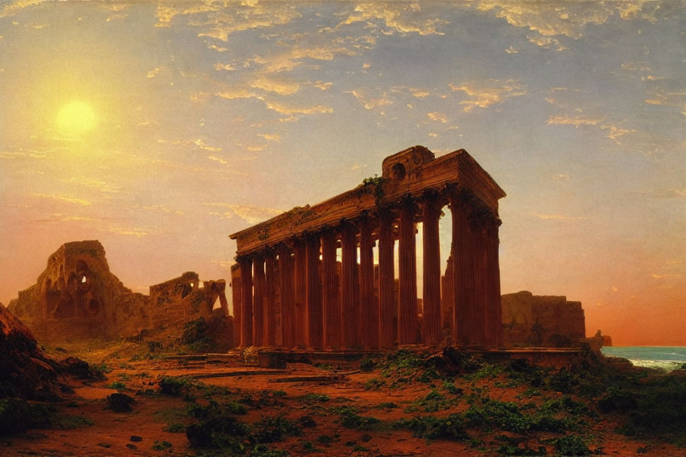 Ancient ruins painting: serene sunset with warm hues