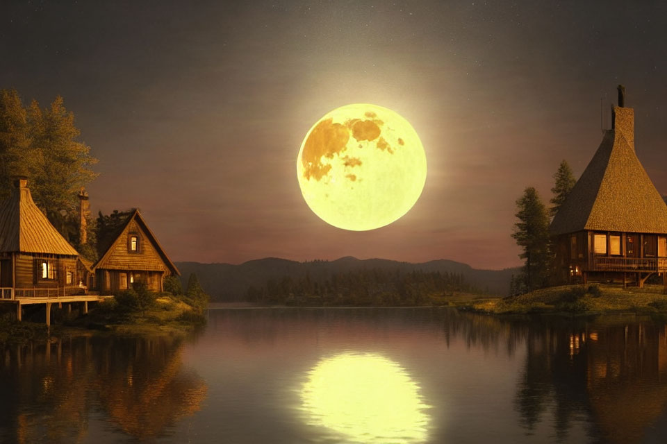 Tranquil night scene: moonlit lakeside with cozy wooden houses