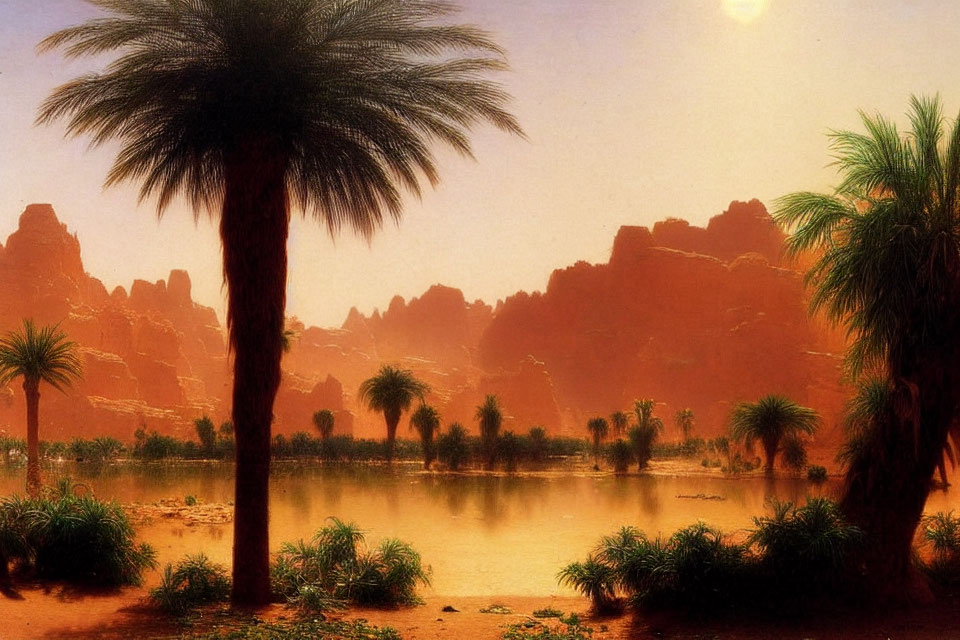 Tranquil oasis with palm trees and red cliffs by serene lake