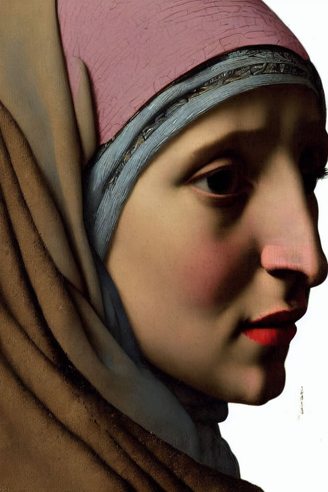 Detailed side profile of woman in headscarf with pink cap and brown shawl, featuring subtle shading