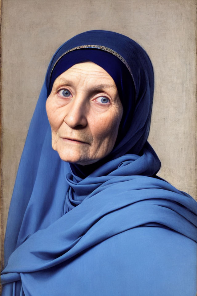 Elderly woman with blue headscarf and piercing eyes portrait.